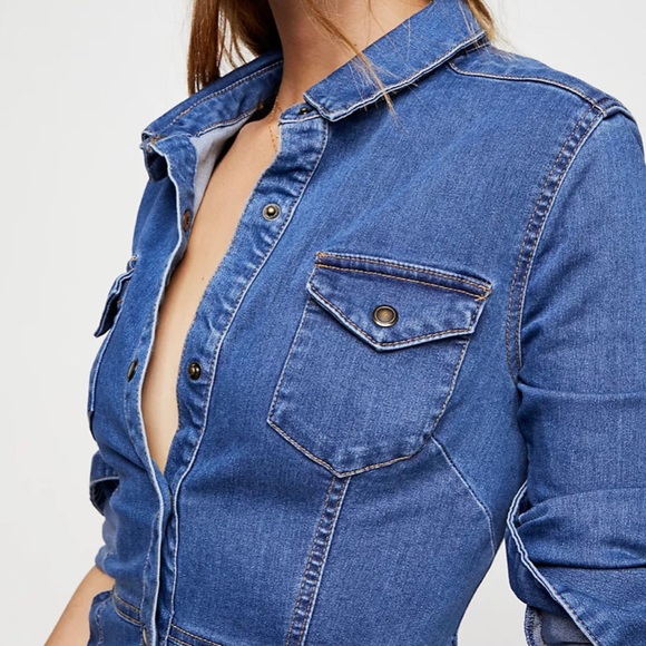 FREE PEOPLE Dynamite Stretch Denim Shirt Dress XS - Picture 8 of 8